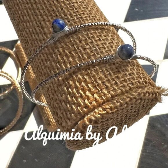 Silver and lapis bangle set statement bracelet - Picture 1 of 2